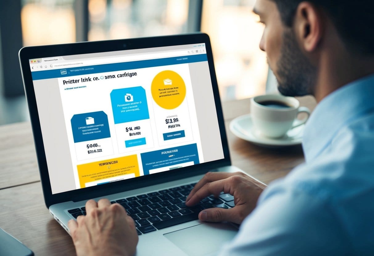 En person der browser på en hjemmeside sammenligner priser på printerblæk og tonerkassetter online